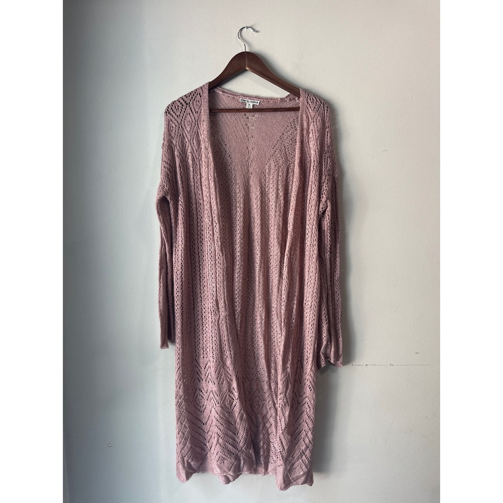 Moral Fiber Mauve Pink Pointelle Crochet Open Front Duster Cardigan XL Boho